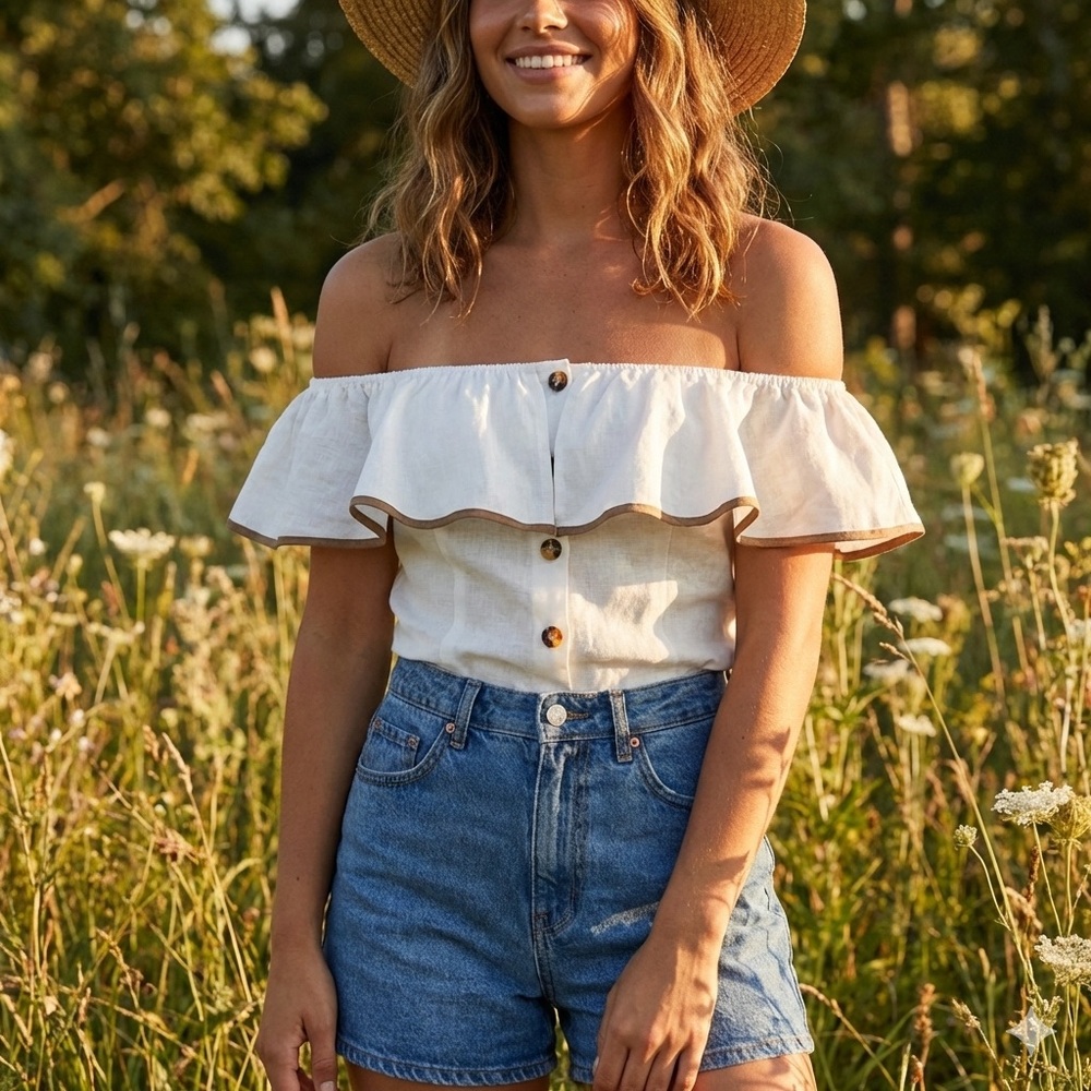 VRG GRL linen blouse with off-shoulder ruffles, front buttons, cream.